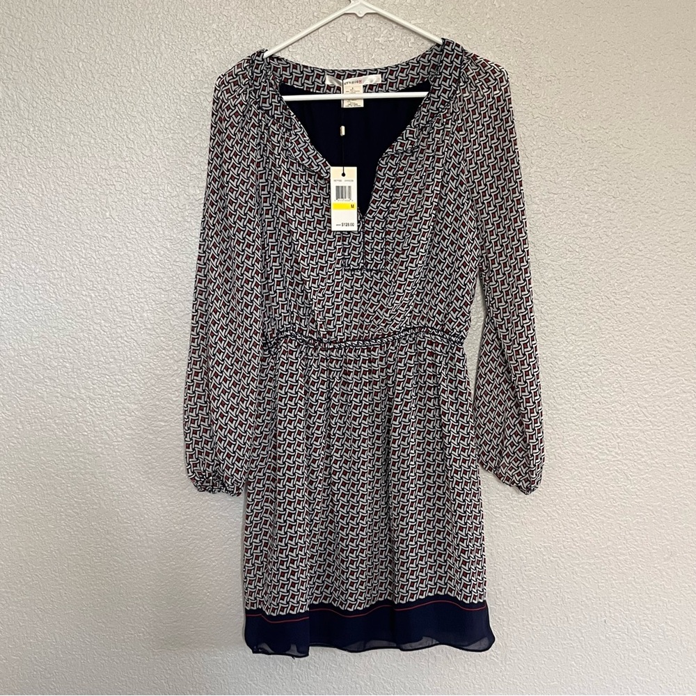 NEW Geometric Red White & Blue Long Sleeve Dress Studio M size Medium MSRP $128
